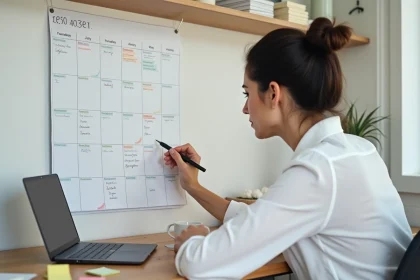 Femme annotant un calendrier mural en marquant les semaines paires et impaires avec des couleurs différentes dans un bureau à domicile