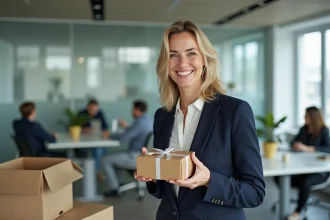 Femme souriante tenant un cadeau d'adieu dans un bureau moderne lors d'un pot de départ entre collègues