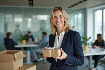 Femme souriante tenant un cadeau d'adieu dans un bureau moderne lors d'un pot de départ entre collègues