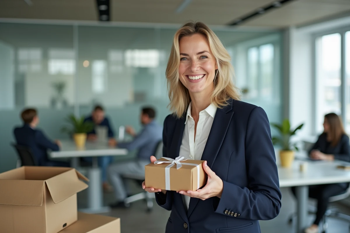 Femme souriante tenant un cadeau d'adieu dans un bureau moderne lors d'un pot de départ entre collègues