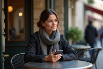 Femme assise dans un café parisien avec téléphone