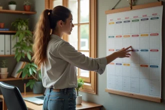 Jeune femme consultante un calendrier dans un bureau à domicile