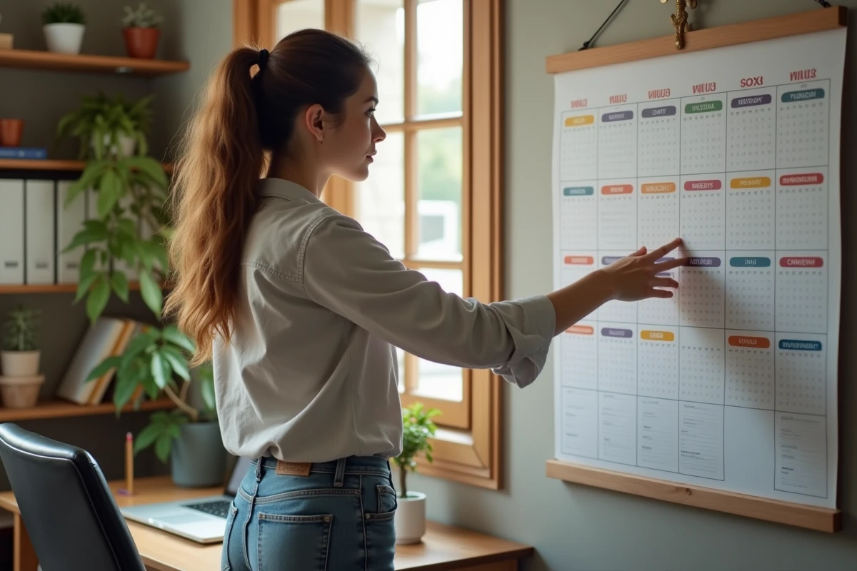 Jeune femme consultante un calendrier dans un bureau à domicile