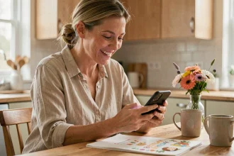 Femme adulte souriante envoyant une carte anniversaire animée musicale par SMS depuis sa cuisine moderne