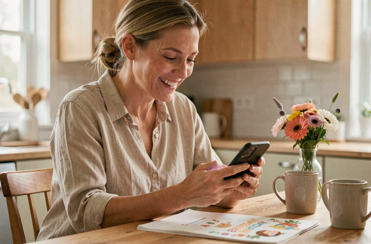 Femme adulte souriante envoyant une carte anniversaire animée musicale par SMS depuis sa cuisine moderne
