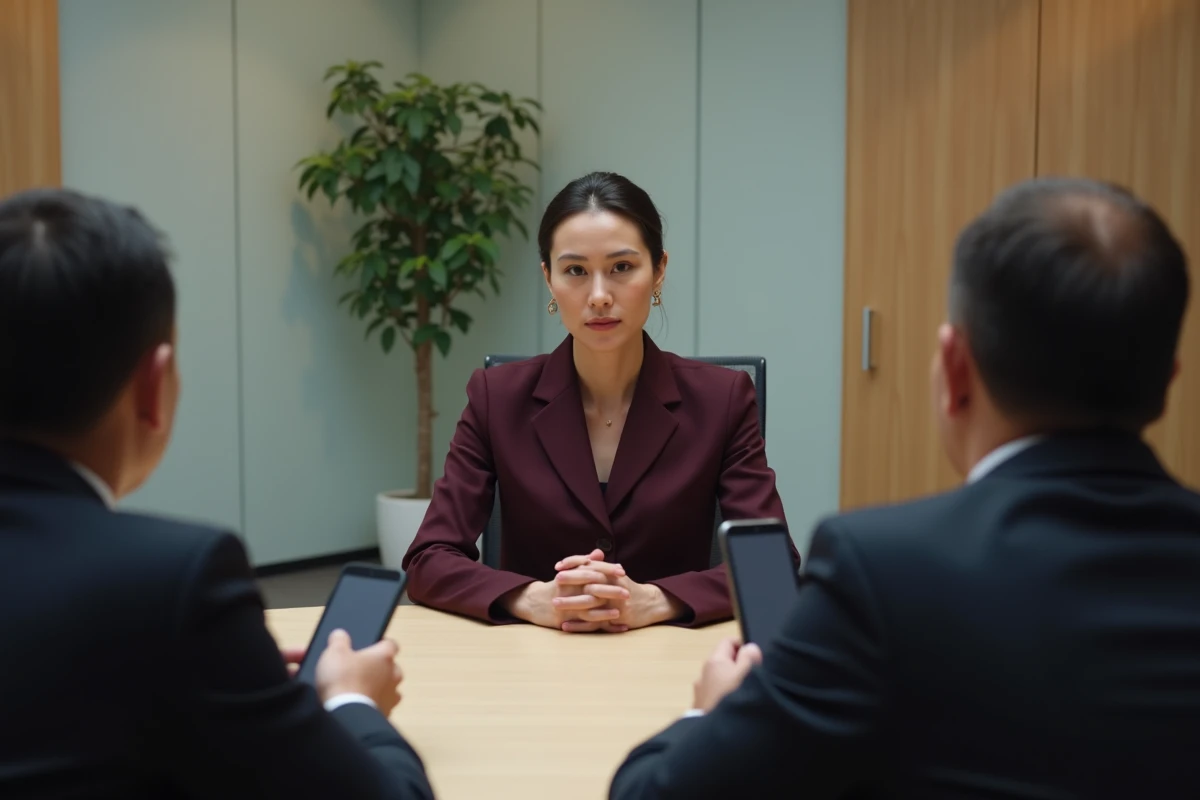 Une femme assise en réunion face à des journalistes, les mains posées calmement sur la table, exprimant une posture de protection de sa vie privée dans un cadre professionnel