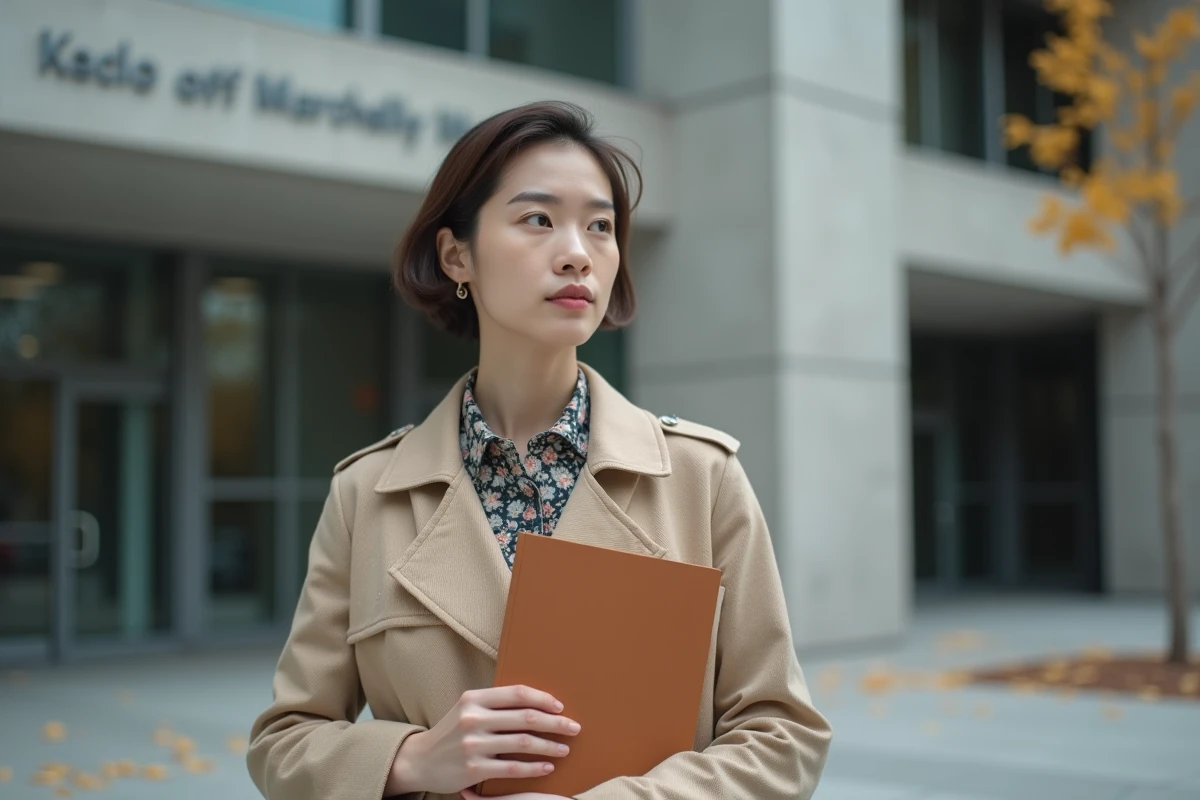 Femme portant des documents administratifs devant un bâtiment de Pôle Emploi lors d'une démarche pour ses droits au chômage après la maternité