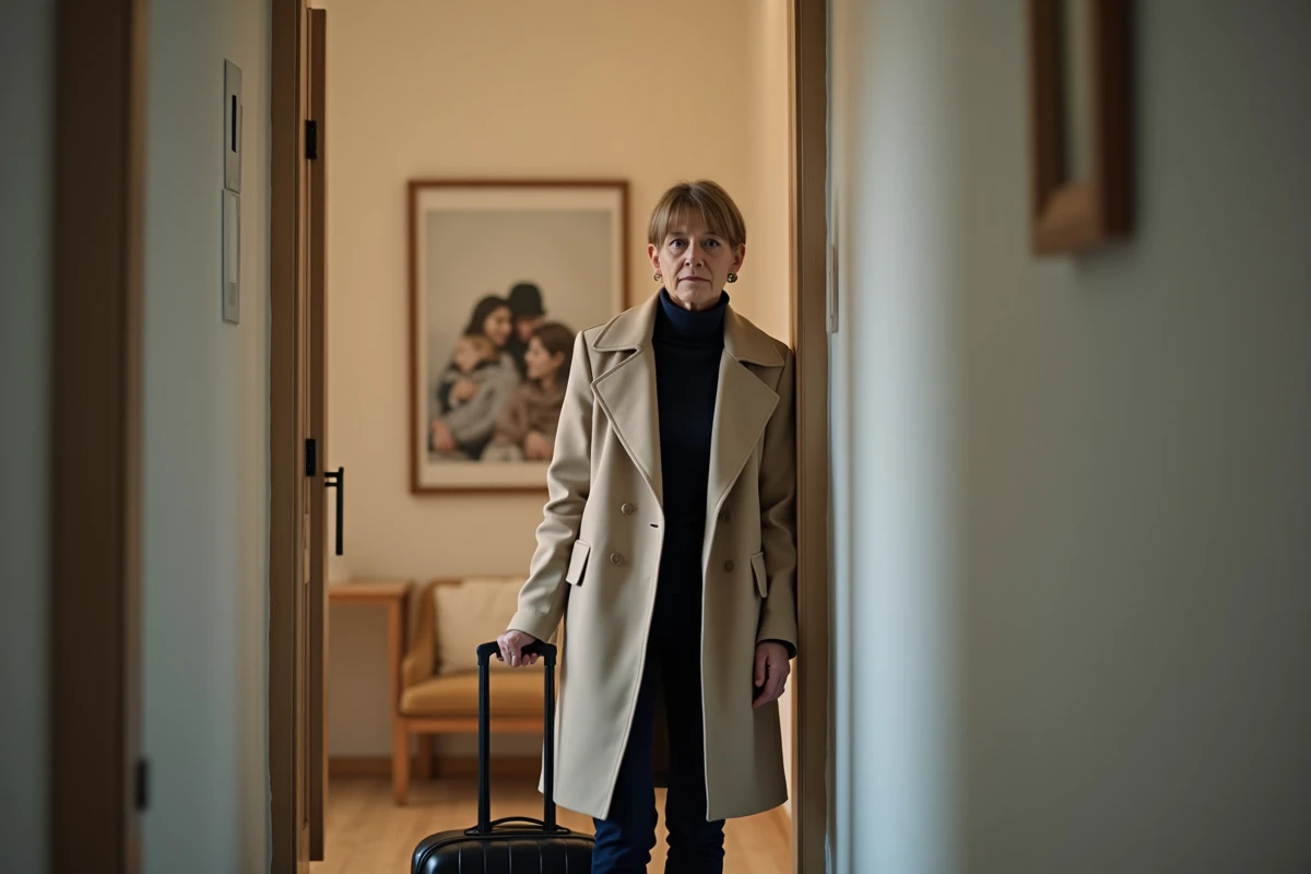 Femme avec valise devant une porte d