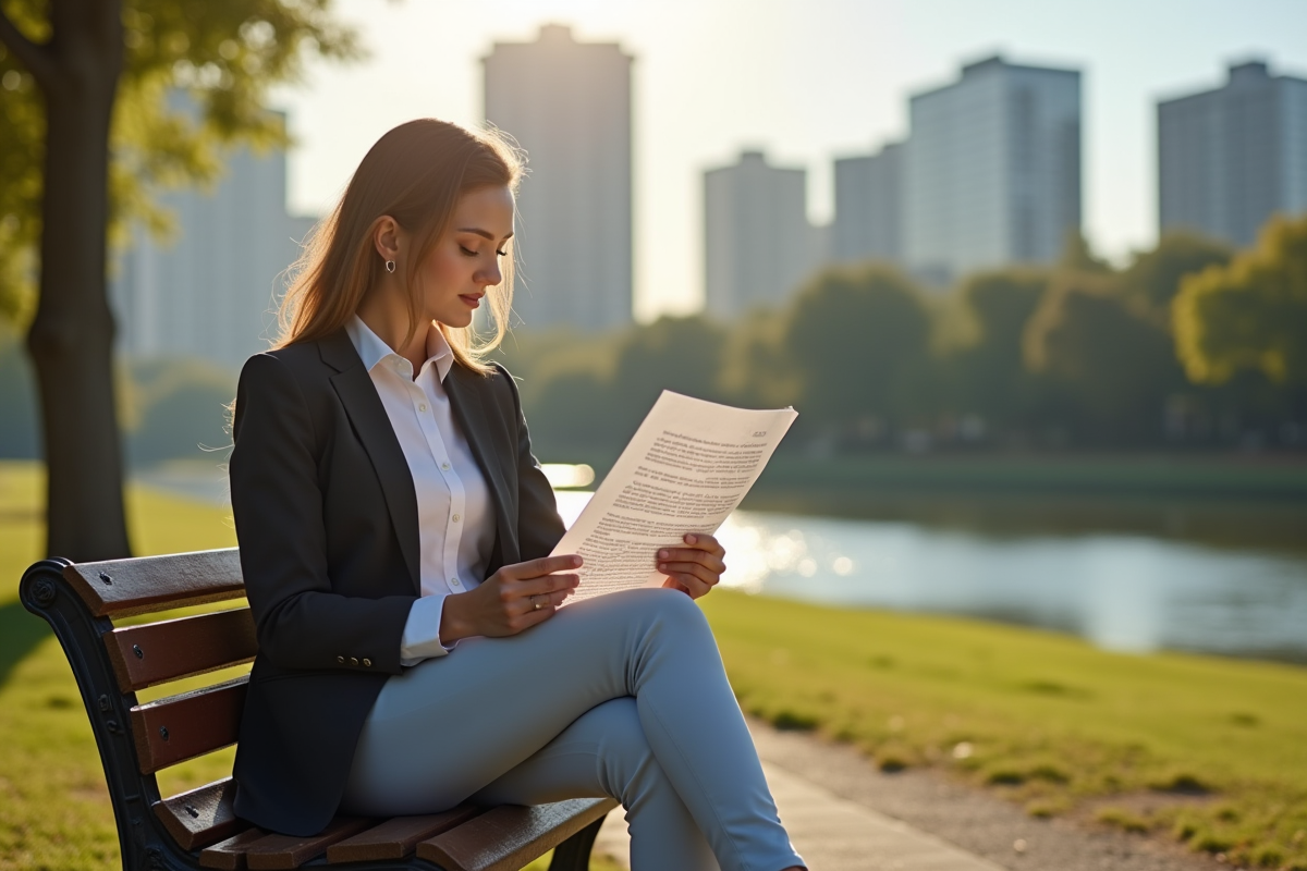 Femme d affaires seule sur un banc avec papiers de divorce