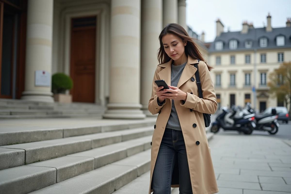 Jeune mère devant le tribunal vérifiant son téléphone