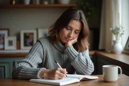 Femme écrivant un texte hommage à son grand-père décédé dans un carnet, assise à une table en bois dans une cuisine chaleureuse