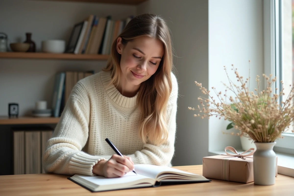 Femme écrivant un message d'anniversaire touchant pour sa cousine dans un bureau minimaliste et chaleureux