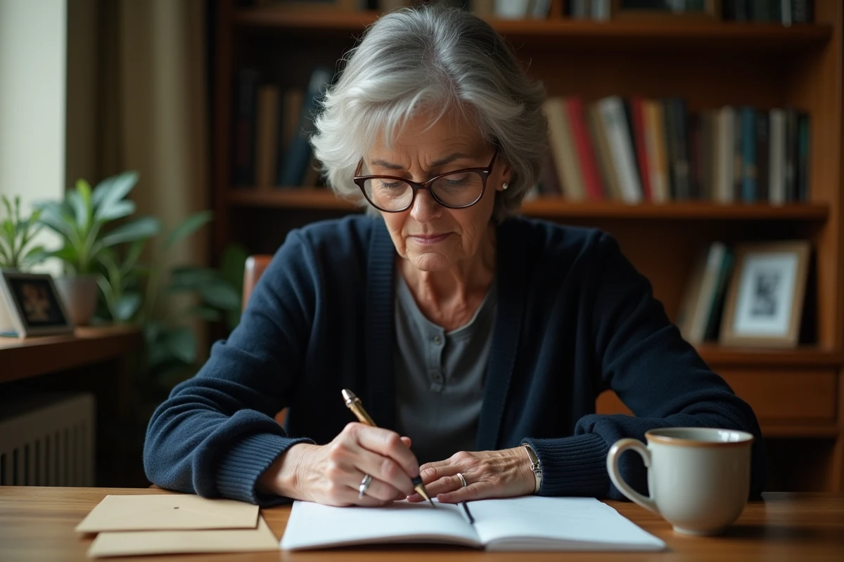 Femme écrivant une lettre de condoléances à son bureau en bois, stylo plume à la main, expression recueillie et sincère