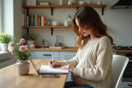 Femme enceinte &eacute;crivant dans un carnet &agrave; la maison