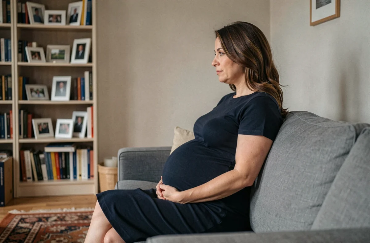 Femme enceinte de profil en robe marine sur un canapé moderne dans un salon chaleureux