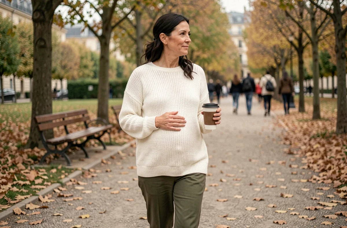 Femme enceinte se promenant dans un parc parisien en automne avec un café à la main