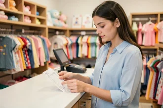Jeune femme consultant sa facture au comptoir d'un magasin de vêtements pour enfants Orchestra