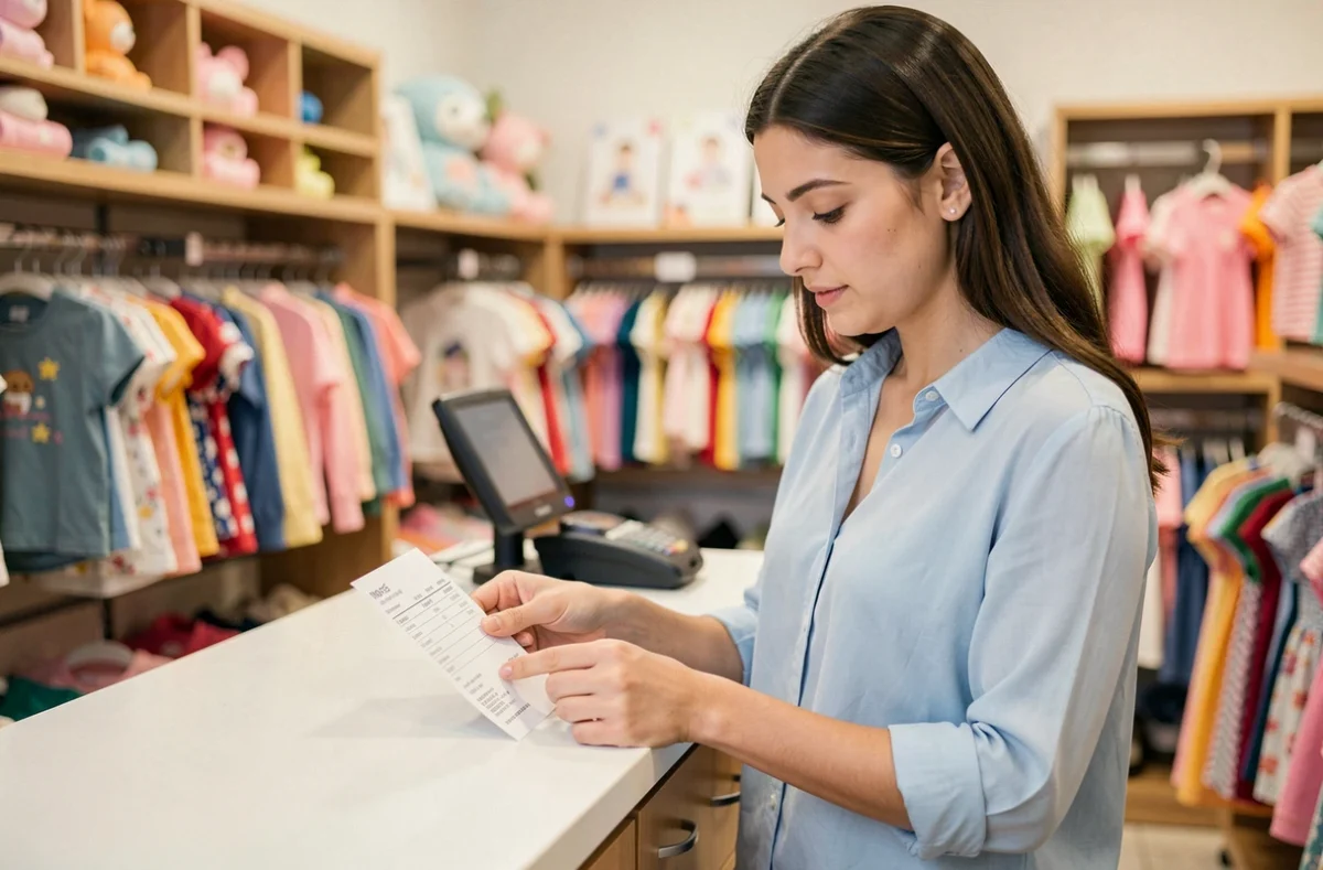 Jeune femme consultant sa facture au comptoir d'un magasin de vêtements pour enfants Orchestra