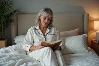 Femme lisant paisiblement dans un lit confortable