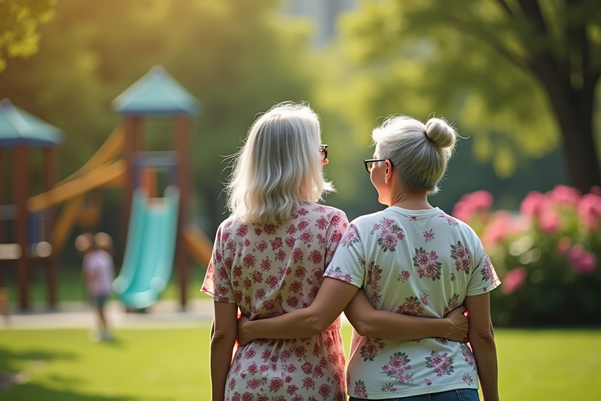 M&egrave;re et fille se promenant dans un parc fleuri