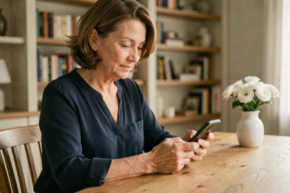 Femme écrivant un message de condoléances sur son téléphone portable à une table en bois