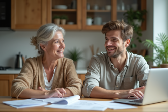 Femme d'âge moyen et son fils à la cuisine avec papiers et ordinateur