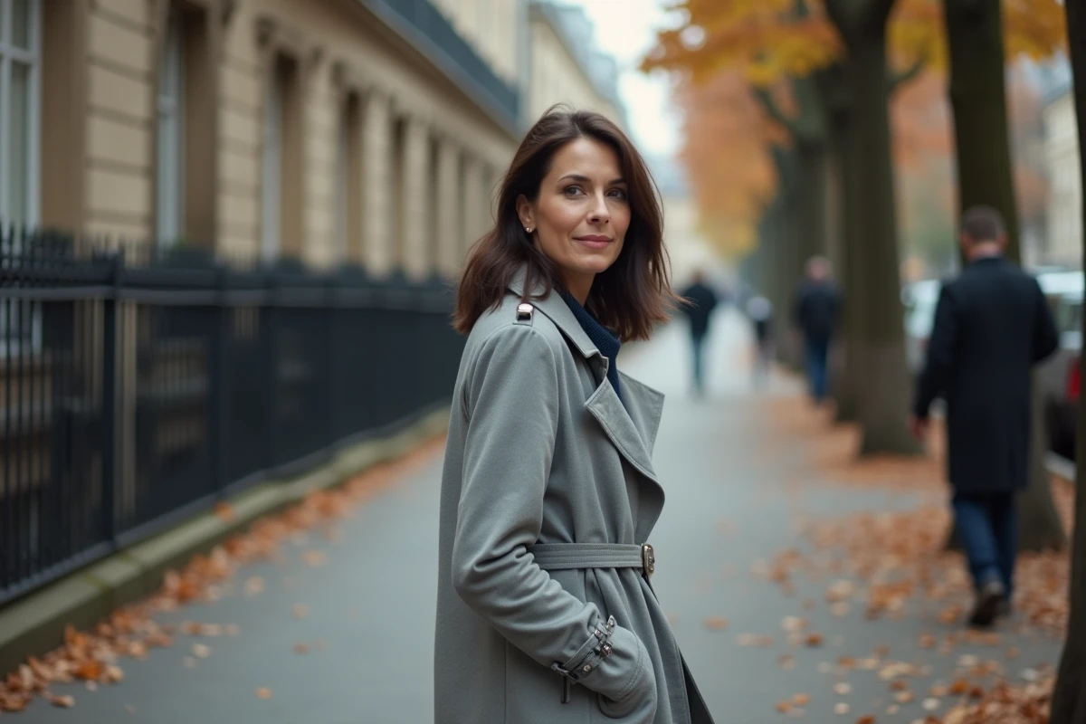 Une femme en imperméable gris marchant rapidement sur un trottoir parisien en se détournant d'un objectif de caméra, symbole de la préservation de la vie privée face aux médias