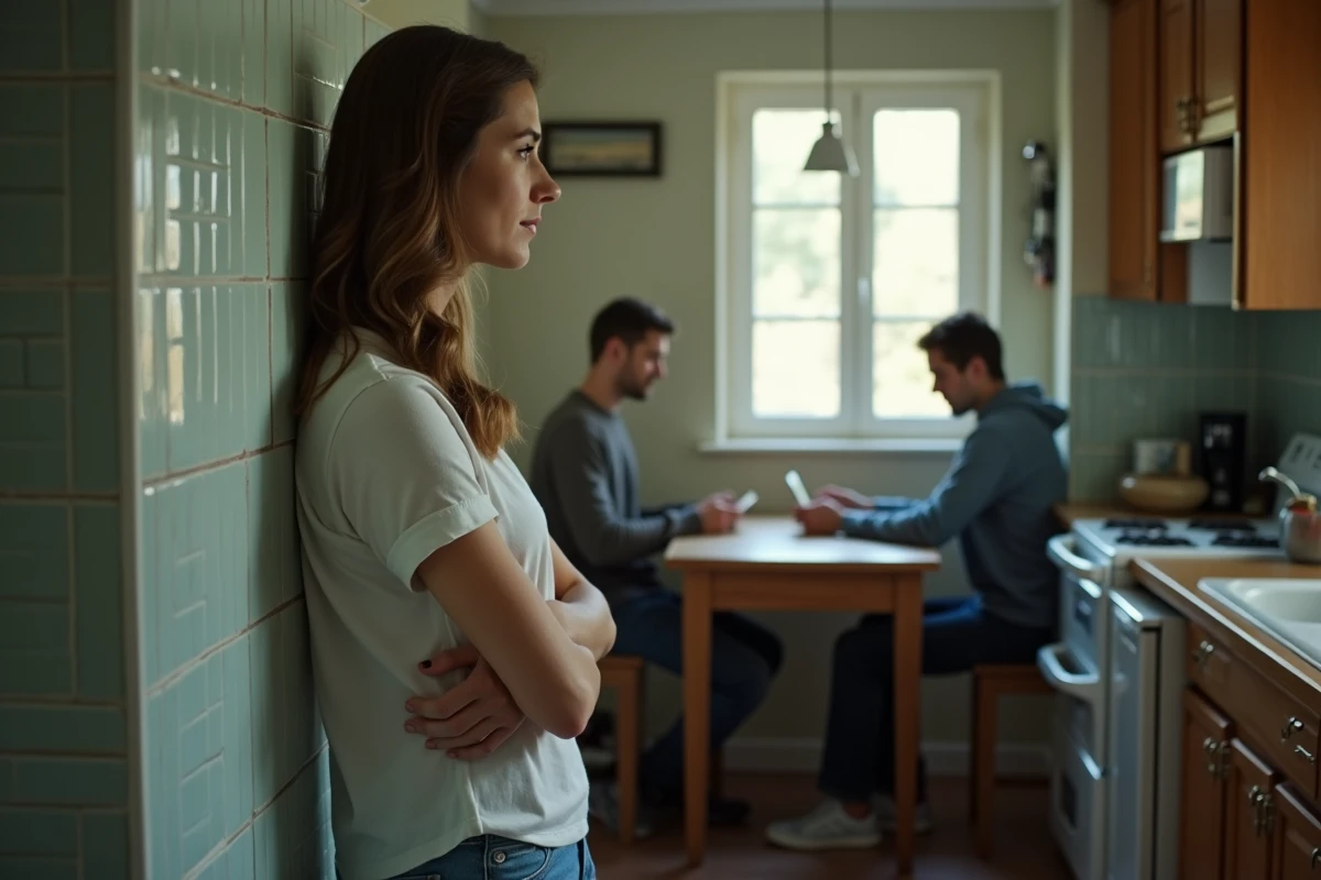 Femme observant son partenaire distant dans une cuisine, tension émotionnelle après une dispute de couple