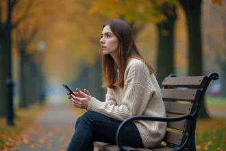 Femme pensive assise seule dans un parc en automne, tenant son téléphone et regardant au loin, illustrant l'attente émotionnelle dans une relation