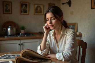 Femme méditerranéenne regarde un album photo familial