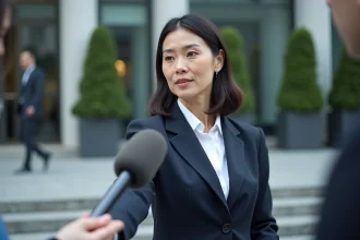 Une femme professionnelle refusant discrètement un micro tendu par un journaliste devant un bâtiment institutionnel, illustrant la protection de la vie privée face aux médias