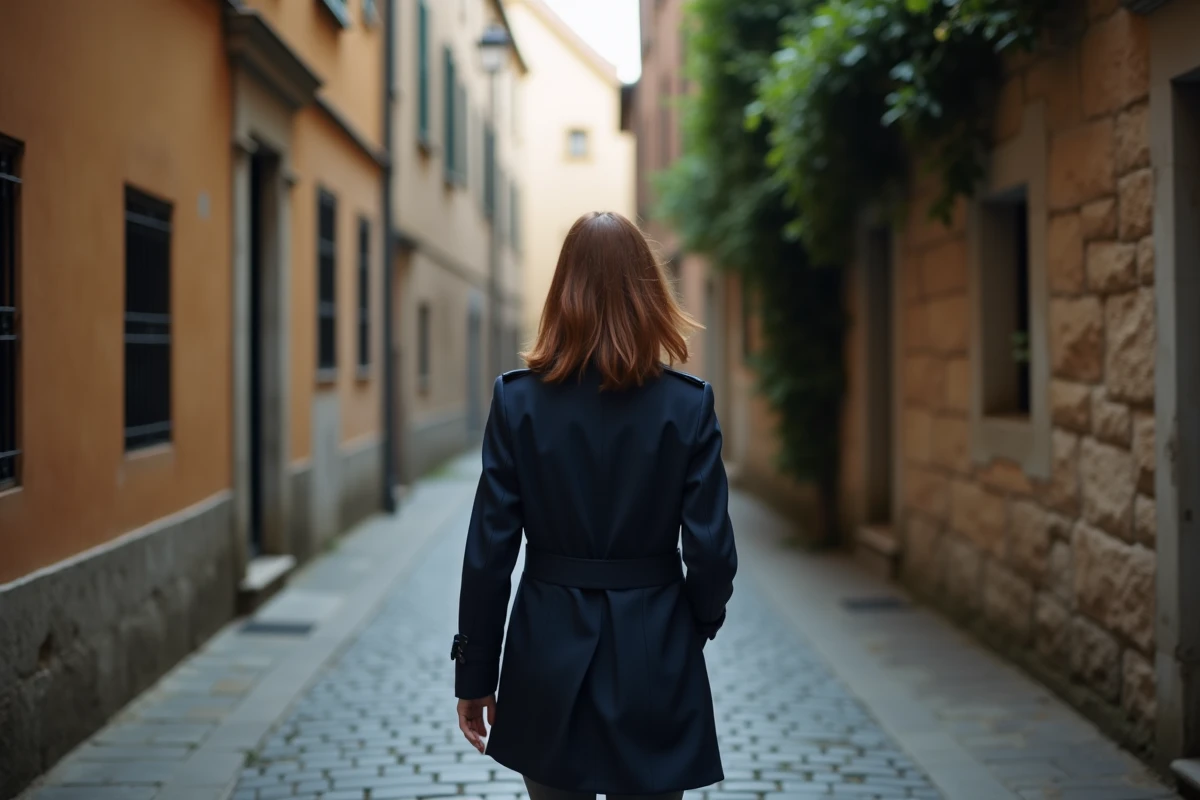 Femme en imperméable marine marchant dans une ruelle pavée européenne, illustrant la discrétion et l'anonymat recherchés par une figure publique dans sa vie personnelle