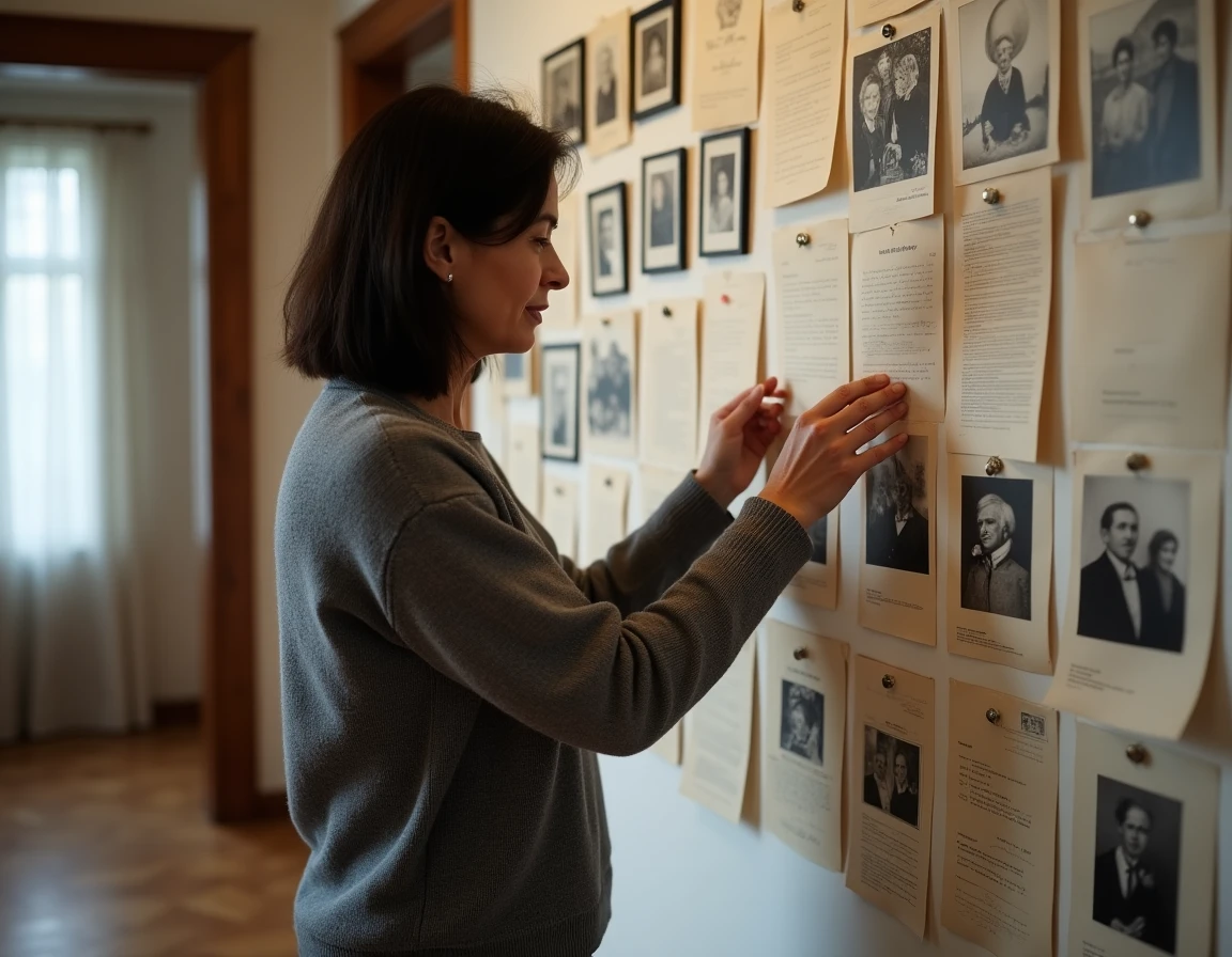 Femme consultant des documents et photos de famille sur un mur d'archives personnelles illustrant la recherche d'origines et de parcours familial