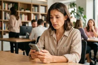 Femme consultant son smartphone avec une expression intriguée, illustrant la recherche d'une rumeur de grossesse sur internet