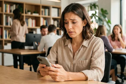 Femme consultant son smartphone avec une expression intriguée, illustrant la recherche d'une rumeur de grossesse sur internet