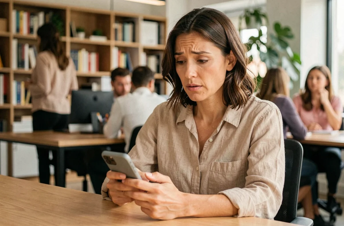 Femme consultant son smartphone avec une expression intriguée, illustrant la recherche d'une rumeur de grossesse sur internet