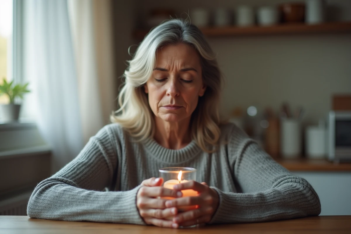 Femme mature tenant une bougie votive en verre dans ses mains lors d'un moment de recueillement et de deuil