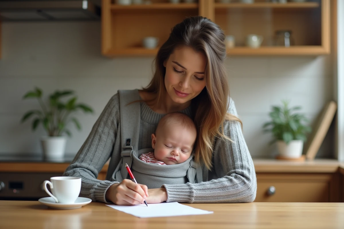 Femme en congé parental rédigeant une lettre de renouvellement à temps partiel dans sa cuisine avec son bébé