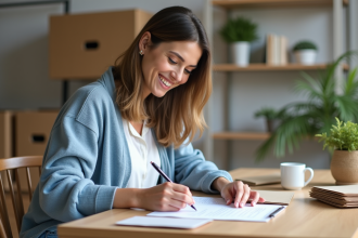 Femme en cardigan bleu remplissant un formulaire de changement d'adresse
