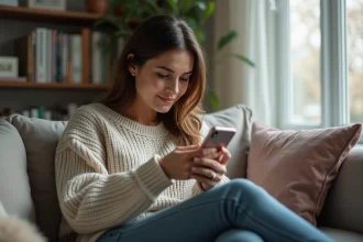 Femme assise sur un canapé avec smartphone dans un salon calme