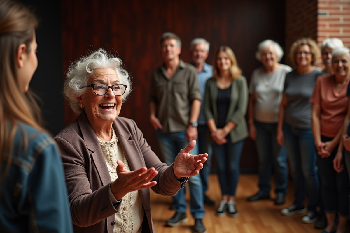 Femme âgée souriante en atelier théâtre avec adultes