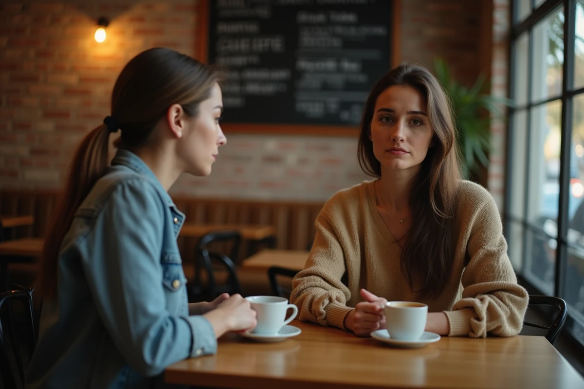 Femme seule dans un café face à une chaise vide et une tasse intacte, illustrant l'attente et la solitude dans une relation avec un partenaire distant