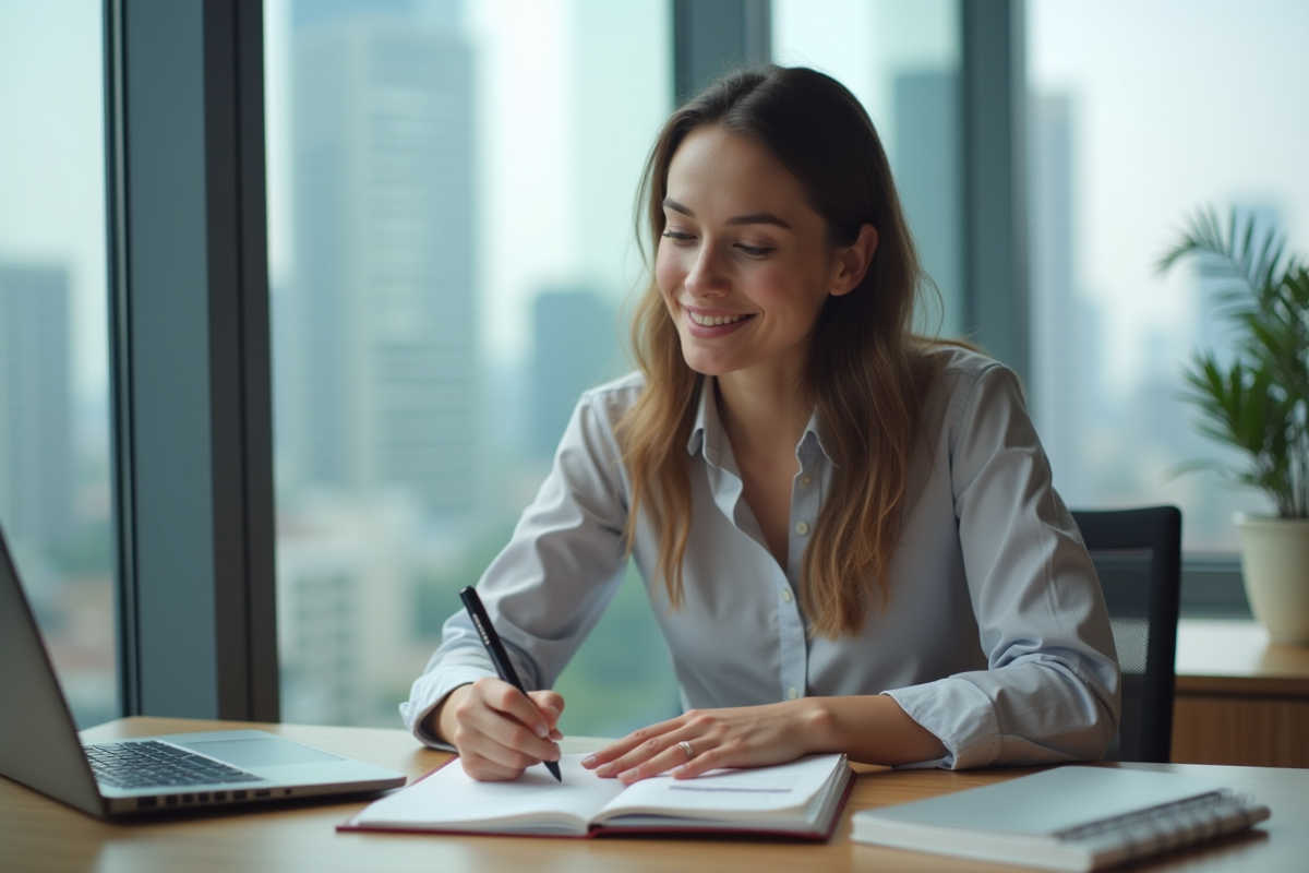Femme professionnelle écrivant dans un bureau moderne