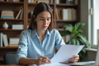 Femme examinant attentivement un acte de naissance officiel à son bureau à domicile pour éviter les erreurs administratives