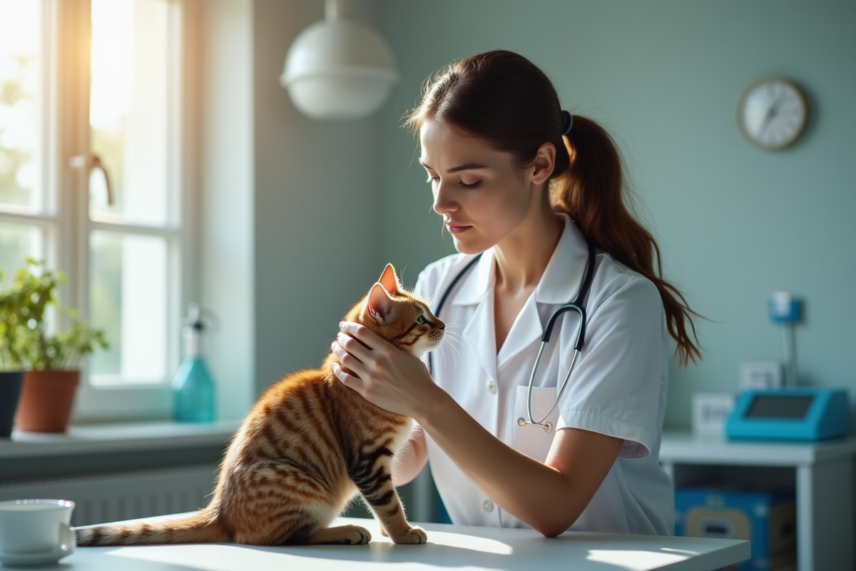 Femme réconfortant son chat lors d