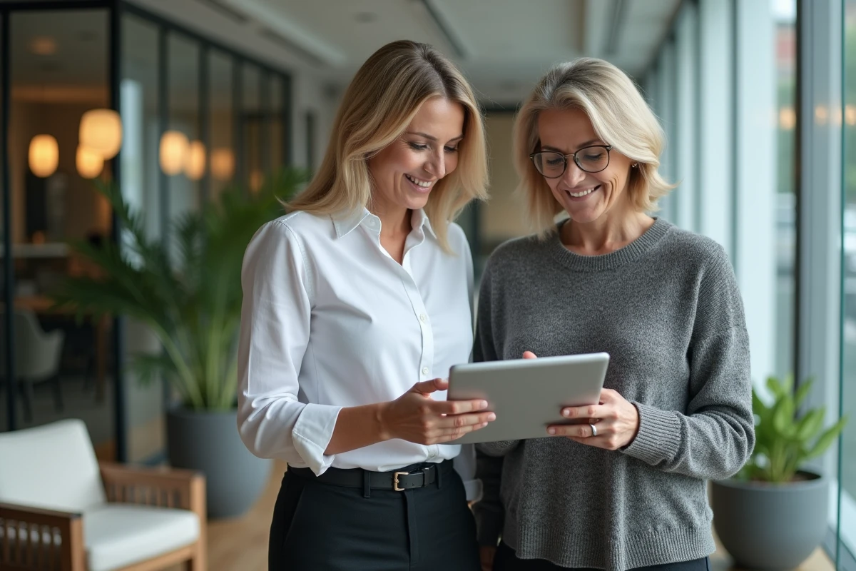 Deux femmes regardant un resultat de test relationnel dans un bureau