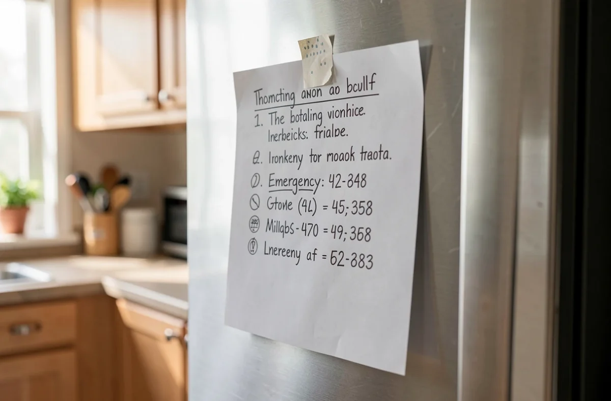 Feuille de consignes et numéros d'urgence sur un frigo