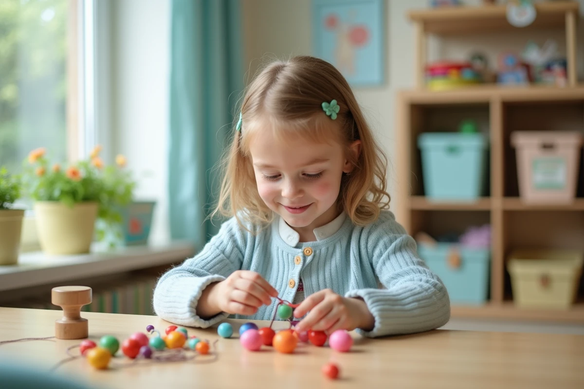 Jeune fille de 5 ans faisant un bracelet avec des perles