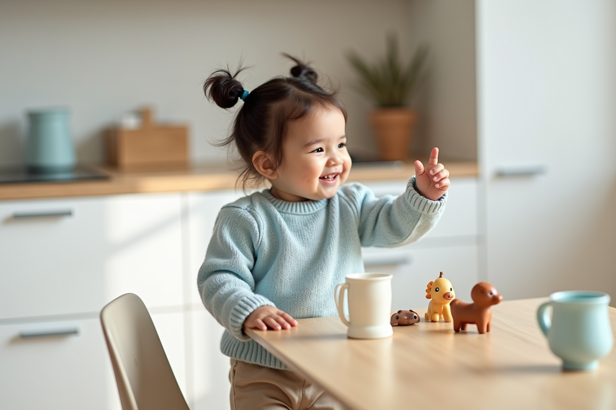 Fille de 22 mois joue avec jouets dans la cuisine