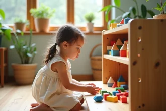 Jeune fille en robe coton arrangeant formes geometriques